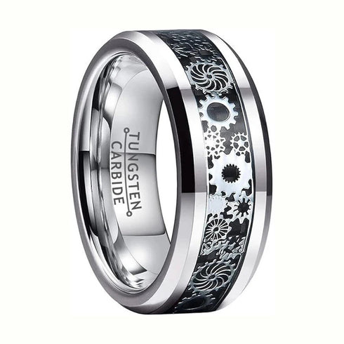 Men 8mm Tungsten Beveled Edge Mechanical Steampunk Gear Comfort-Fit Wedding Ring